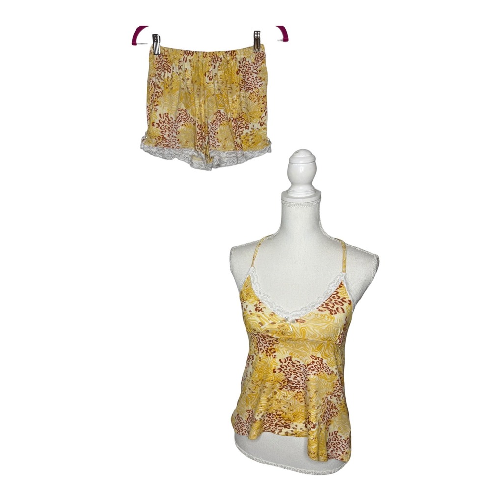 Studio Badgley Mischka Pajama Set Womens Small Yellow Animal Print Lace Trim 2pc
